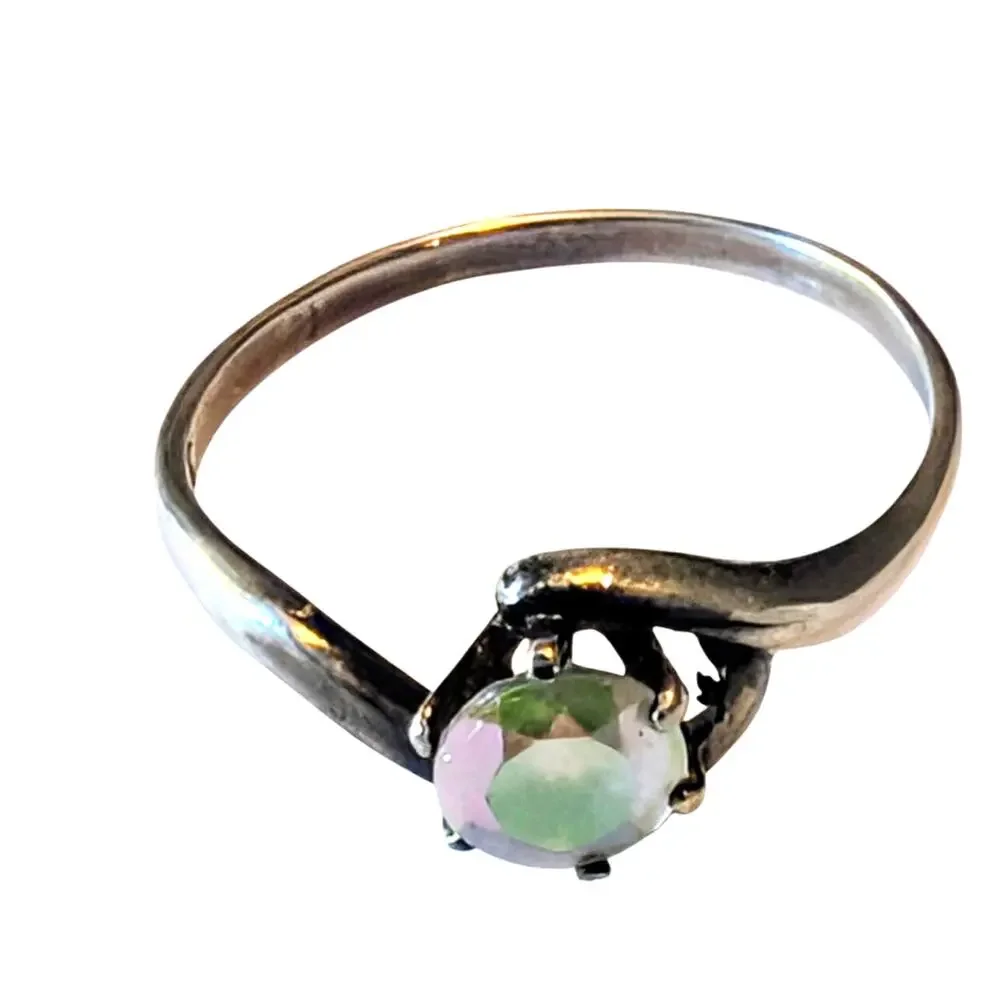Sterling Silver Aurora Borealis Round Cut Ring Size 8.5